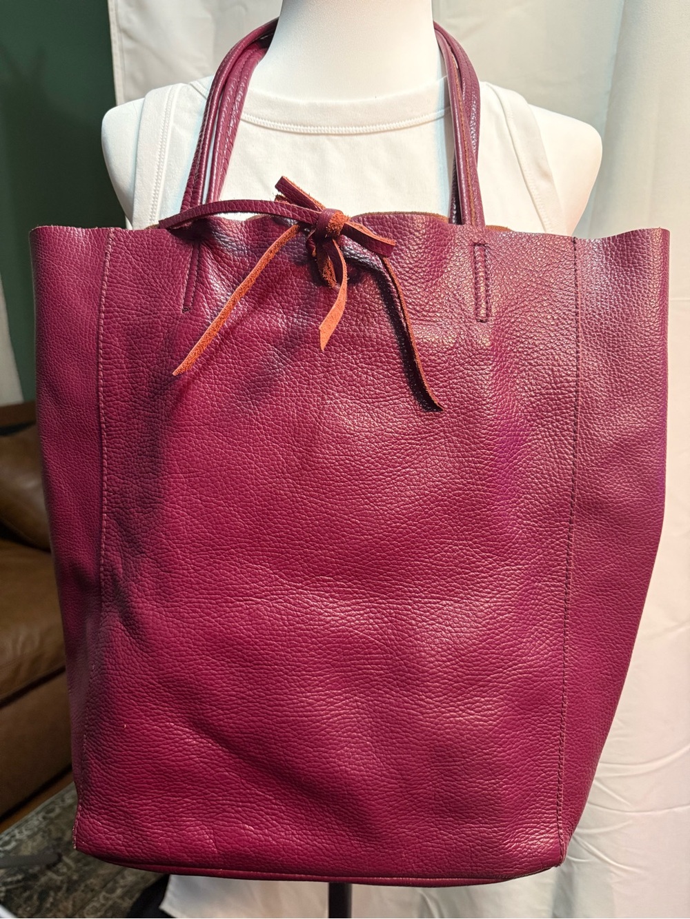 Genuine Italian Pebbled Leather Tote in Deep Burgundy with Tie Detail